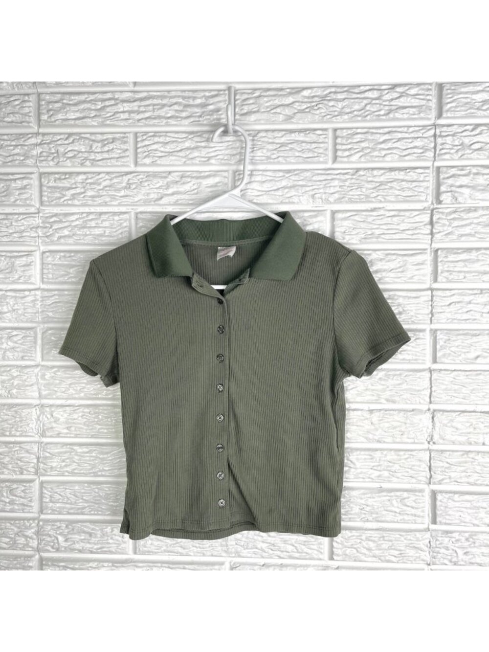 No Boundaries Girls Hunter Green Ribbed Button Front Collared Shirt Medium 7-9